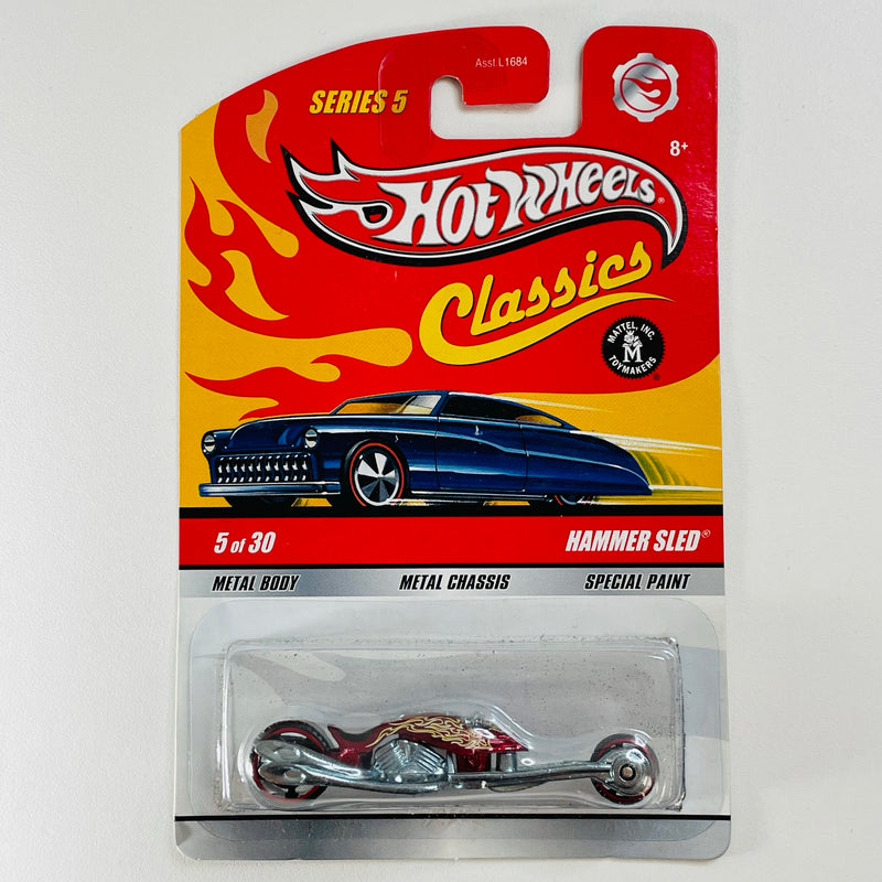 2009 Hot Wheels Classics Series 5 Hammer Sled rojo spectraflame MC5 base ZAMAC