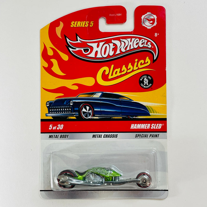 2009 Hot Wheels Classics Series 5 Hammer Sled verde spectraflame MC5 base ZAMAC