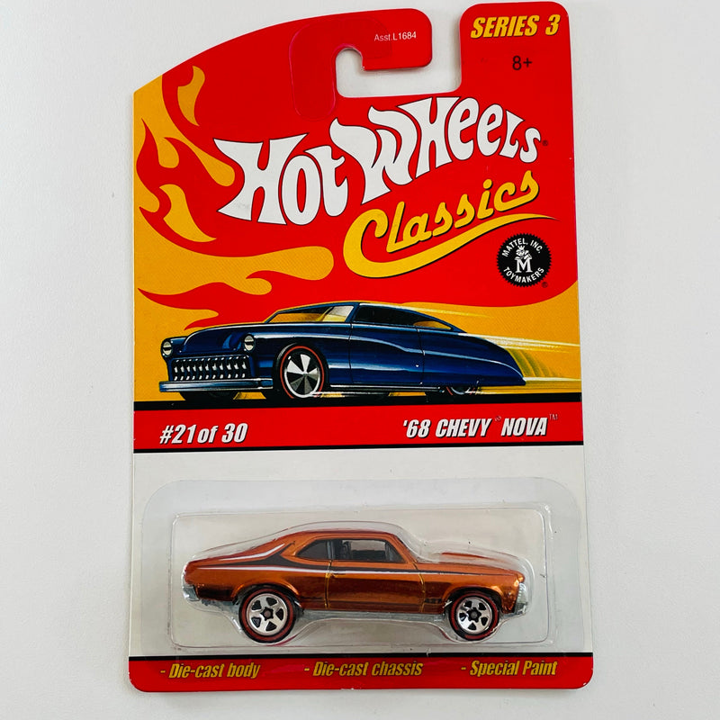 2007 Hot Wheels Classics Series 3 68 Chevy Nova naranja spectraflame Redline 5SP base ZAMAC