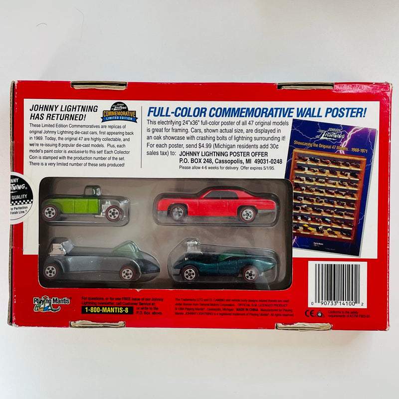 1994 Johnny Lightning Commemorative Limited Edition 4 Pack Set de 4 con Moneda Coleccionista - Custom Pontiac GTO, Vicious Vette Chevrolet Corvette, 32 Ford Roadster, Wasp