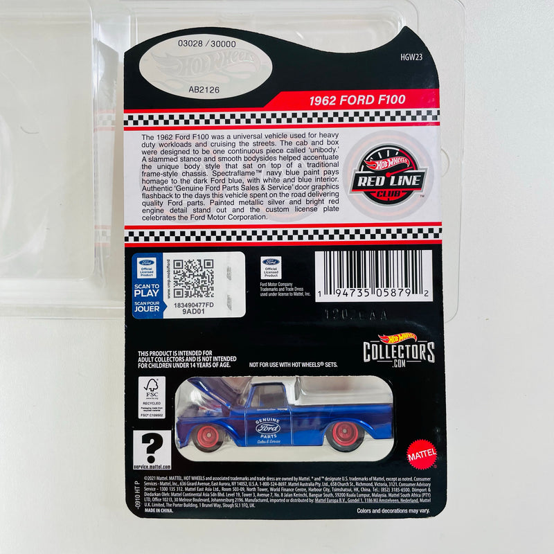 2022 Hot Wheels RLC 1962 Ford F100 Exclusivo Red Line Club azul spectraflame Llantas de Goma RR