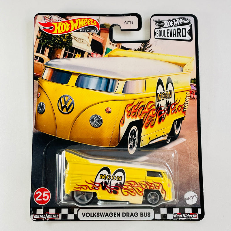 2021 Hot Wheels Boulevard Mooneyes Volkswagen Drag Bus amarillo Llantas de Goma RR