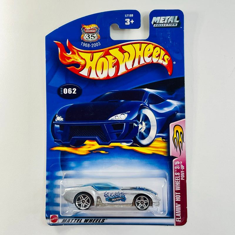 2003 Hot Wheels Flamin' Hot Wheels Pony-Up 062 plata PR5 base ZAMAC