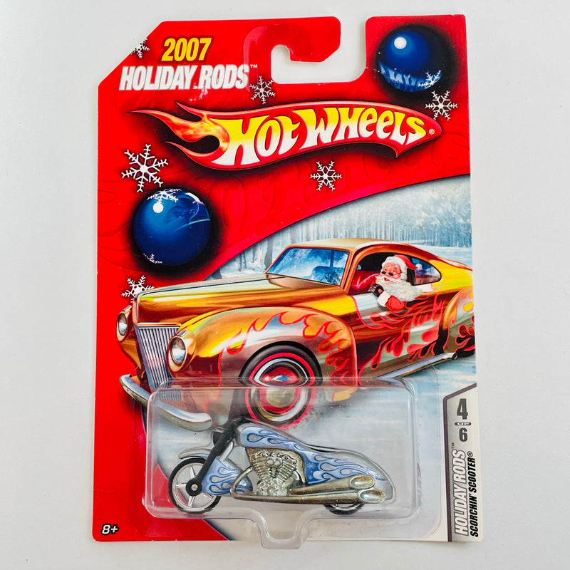 2007 Hot Wheels Holiday Rods Scorchin' Scooter plata metálico Llantas de Goma RR base ZAMAC