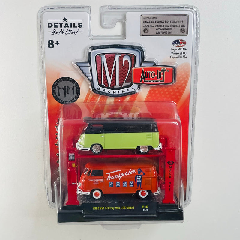 2017 M2 Machines Auto-Lift 2 Pack Set de 2 1960 VW Volkswagen Delivery Van USA Model R16 verde y rojo Llantas de Goma