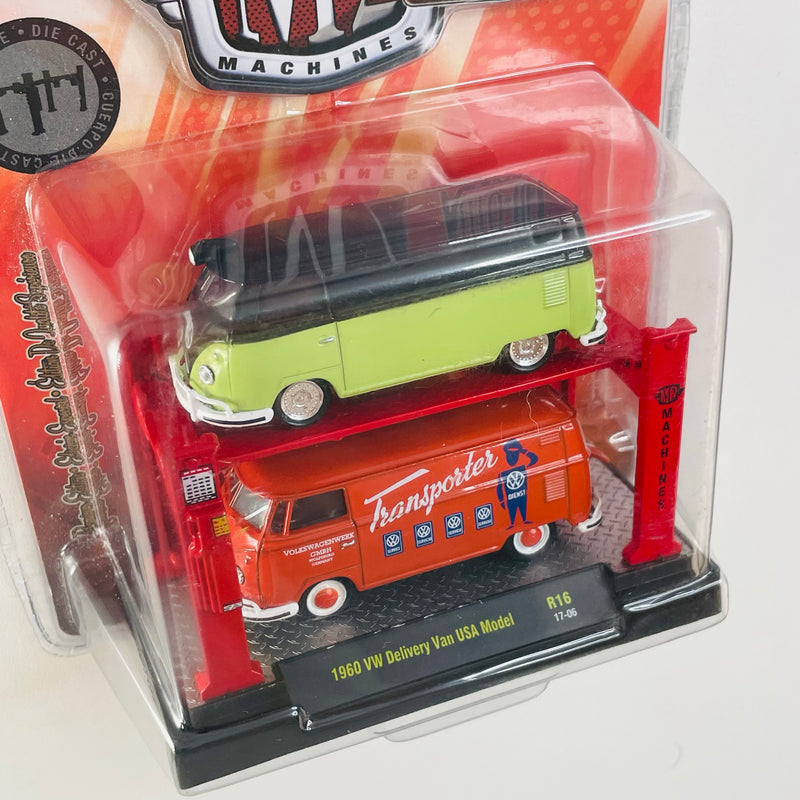2017 M2 Machines Auto-Lift 2 Pack Set de 2 1960 VW Volkswagen Delivery Van USA Model R16 verde y rojo Llantas de Goma