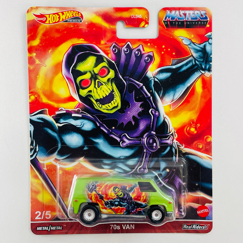 2021 Hot Wheels Pop Culture Masters of the Universe He-Man Skeletor 70s Van verde Llantas de Goma RR base ZAMAC