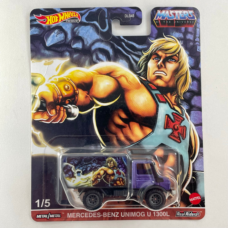 2021 Hot Wheels Pop Culture Masters of the Universe He-Man Mercedes Benz Unimog U 1300L morado Llantas de Goma RR base ZAMAC