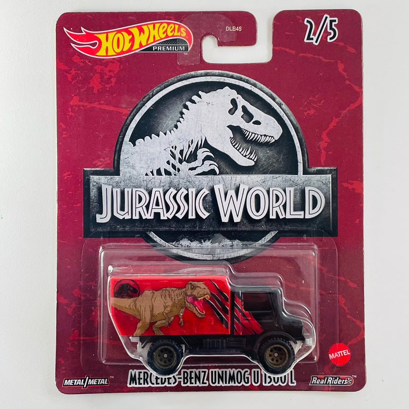 2022 Hot Wheels Premium Pop Culture Jurassic World Mercedes Benz Unimog U 1300 rojo con negro Llantas de Goma RR