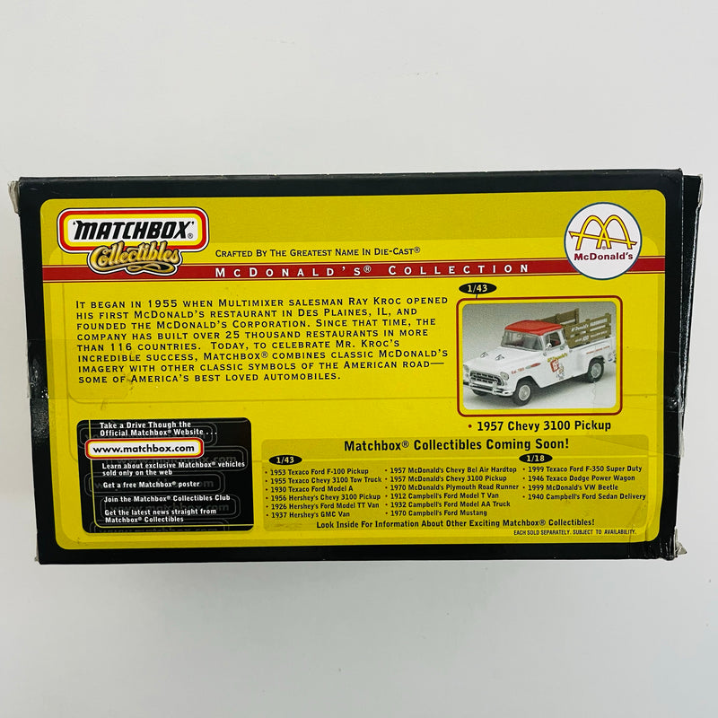 1999 Matchbox Collectibles 1:43 McDonalds 1957 Chevy Bel Air Hardtop amarillo con blanco Llantas de Goma