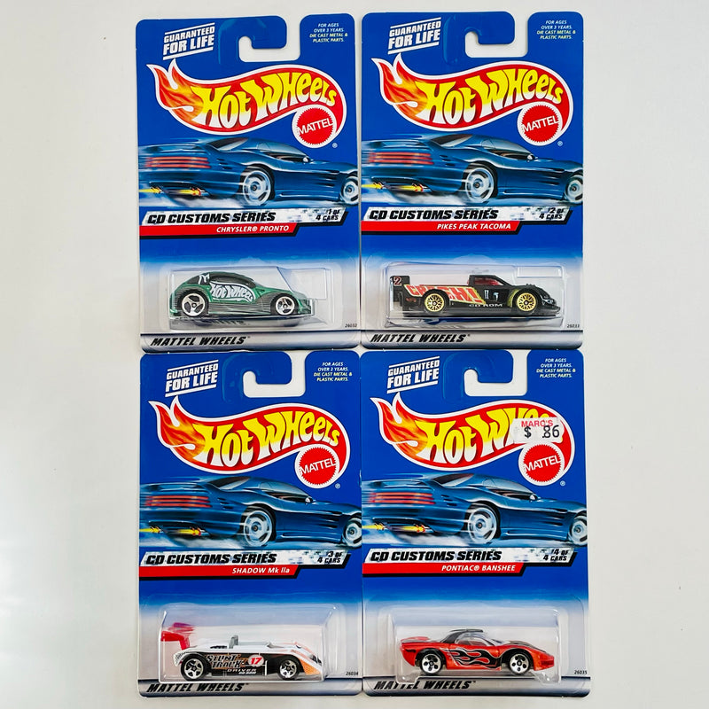 2000 Hot Wheels CD Customs Colección Set de 4 - Chrysler Pronto, Pikes Peak Tacoma Toyota, Shadow Mk IIa, Pontiac Banshee
