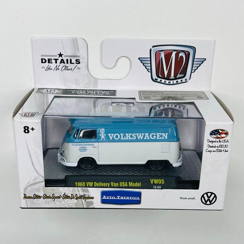 2018 M2 Machines Auto-Thentics Limited Edition 1/6,888 1960 VW Volkswagen Delivery Van USA Model VW05 blanco con celeste Llantas de Goma