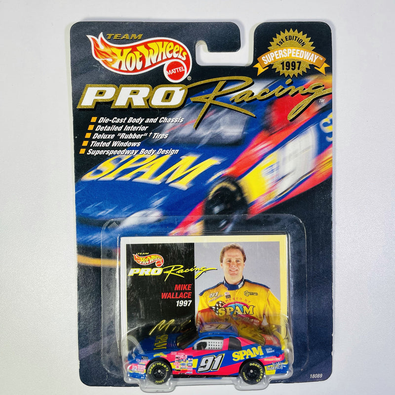 1997 Hot Wheels Pro Racing Premium 1st Edition Superspeedway Mike Wallace 91 Spam Chevrolet Monte Carlo azul Llantas de Goma