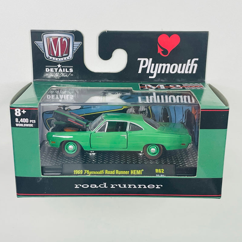 2022 M2 Machines Detroit Muscle Limited Edition 1/8,400 1969 Plymouth Road Runner HEMI R62 verde Llantas de Goma