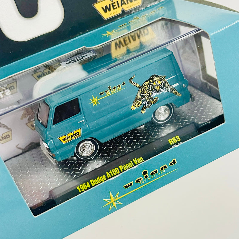 2022 M2 Machines Detroit Muscle Limited Edition 1/9,600 Holley Weiand 1964 Dodge A100 Panel Van R63 verde azulado Llantas de Goma