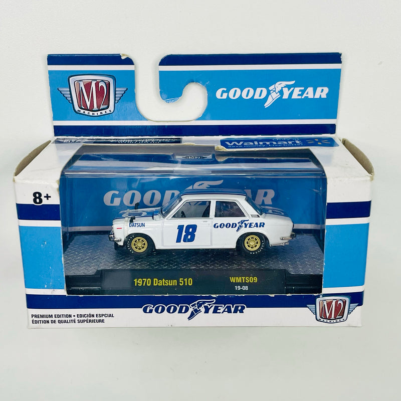 2019 M2 Machines Limited Edition 1/7,800 Walmart Exclusive Goodyear 1970 Datsun 510 WMTS09 blanco Llantas de Goma