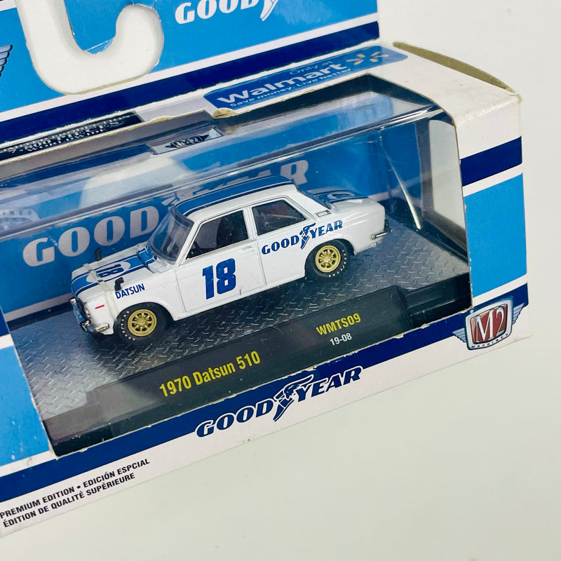 2019 M2 Machines Limited Edition 1/7,800 Walmart Exclusive Goodyear 1970 Datsun 510 WMTS09 blanco Llantas de Goma