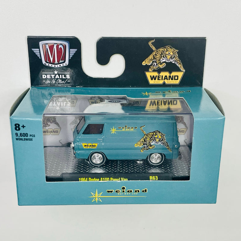 2022 M2 Machines Detroit Muscle Limited Edition 1/9,600 Holley Weiand 1964 Dodge A100 Panel Van R63 verde azulado Llantas de Goma