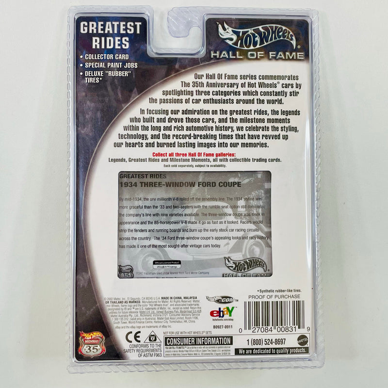 2003 Hot Wheels Hall of Fame Greatest Rides 1934 Three Window Ford Coupe 34 Ford 3 Window turquesa Llantas de Goma RR