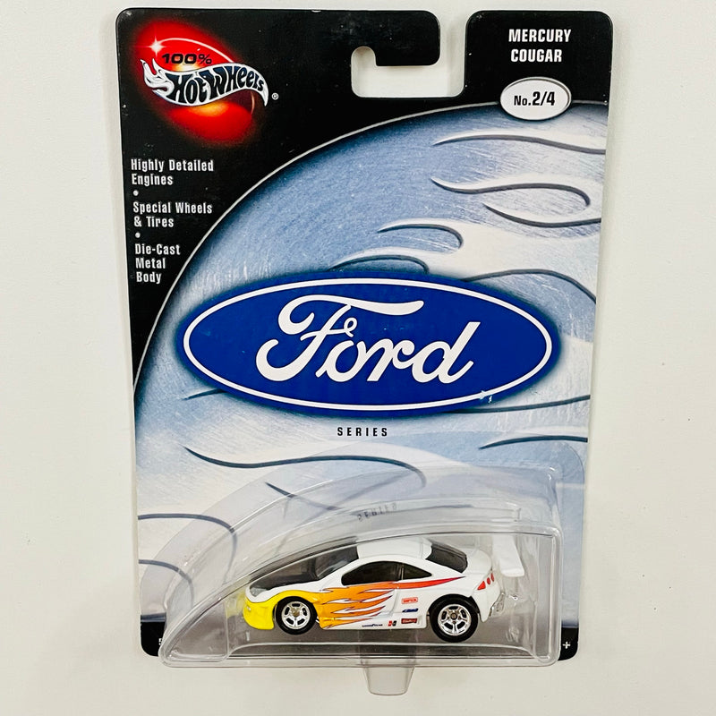 2003 Hot Wheels 100% Preferred Ford Series Mercury Cougar blanco con flamas Llantas de Goma RR