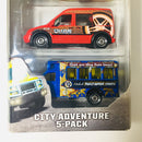 2015 Matchbox MBX City Adventure 5 Pack Set de 5 Ciudad - 2006 Ford Crown Victoria, Urban Tow Truck, Food Truck, Ford Transit Connect, GMC School Bus