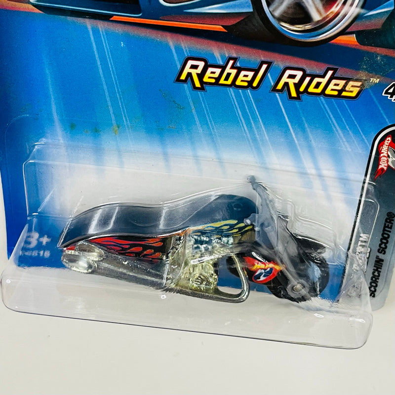 2005 Hot Wheels Rebel Rides Scorchin' Scooter negro MC3 base ZAMAC