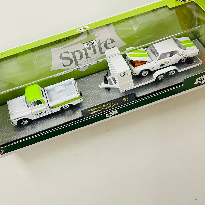 2021 M2 Machines Coca Cola Auto-Haulers Limited Edition 1/7,400 Sprite 1958 Chevrolet Cameo Truck y 1970 Chevrolet Chevelle SS 454 con Llantas de Goma