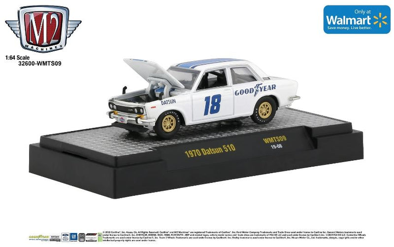 2019 M2 Machines Limited Edition 1/7,800 Walmart Exclusive Goodyear 1970 Datsun 510 WMTS09 blanco Llantas de Goma