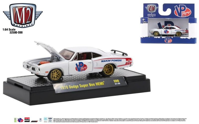 2021 M2 Machines Auto-Promos Limited Edition 1/5,000 VP Racing Fuels 1970 Dodge Super Bee HEMI S98 blanco Llantas de Goma