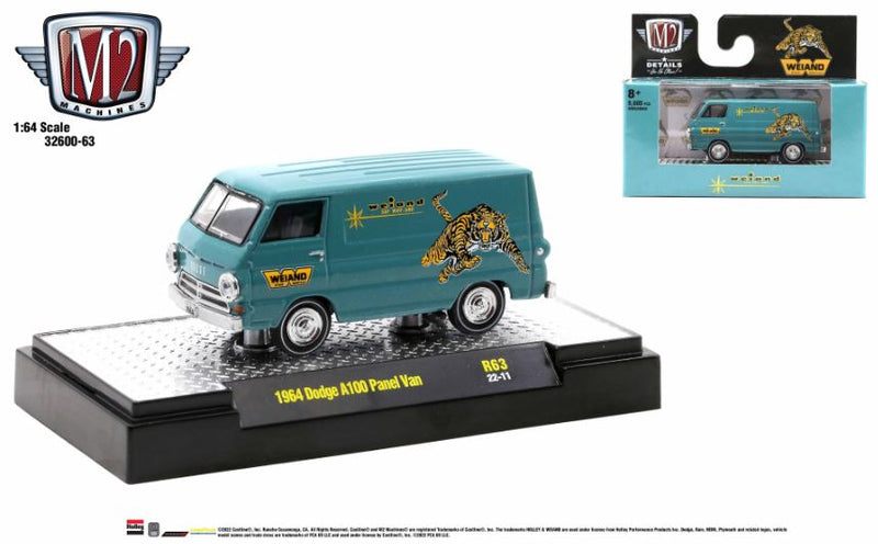 2022 M2 Machines Detroit Muscle Limited Edition 1/9,600 Holley Weiand 1964 Dodge A100 Panel Van R63 verde azulado Llantas de Goma