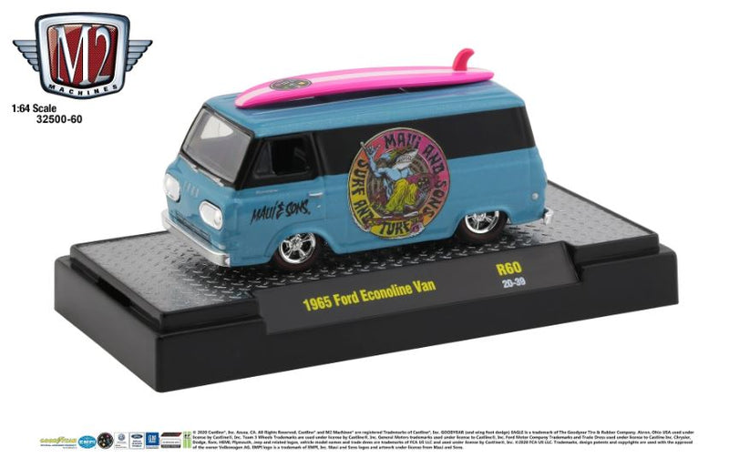 2020 M2 Machines Auto-Thentics Limited Edition 1/6,000 Maui and Sons 1965 Ford Econoline Van R60 azul Llantas de Goma