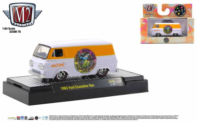 2021 M2 Machines Auto-Thentics Limited Edition 1/9,600 Maui and Sons 1965 Ford Econoline Van R70 blanco Llantas de Goma