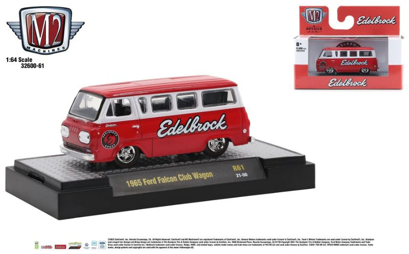 2021 M2 Machines Detroit Muscle Limited Edition 1/9,600 Edelbrock 1965 Ford Falcon Club Wagon R61 rojo Llantas de Goma
