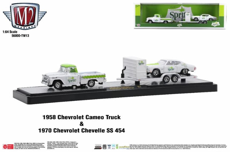 2021 M2 Machines Coca Cola Auto-Haulers Limited Edition 1/7,400 Sprite 1958 Chevrolet Cameo Truck y 1970 Chevrolet Chevelle SS 454 con Llantas de Goma