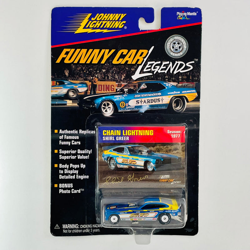 1998 Johnny Lightning Funny Car Legends NHRA Shirl Greer Chain Lightning 1977 Ford Mustang Funny Car azul con blanco Llantas de Goma