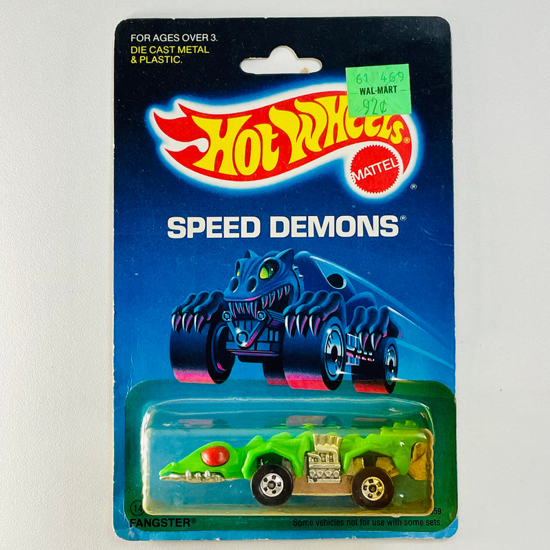 1988 Hot Wheels Speed Demons Fangster verde BW base ZAMAC