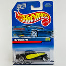 1999 Hot Wheels 37 Bugatti 1098 negro con amarillo LW base ZAMAC