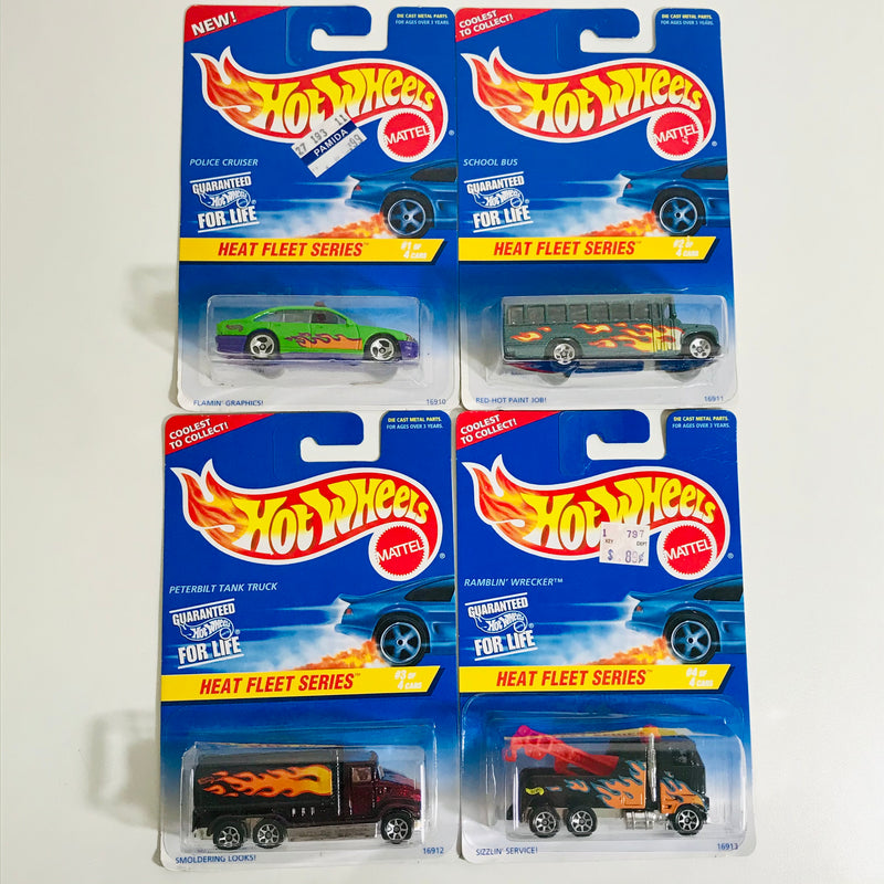 1997 Hot Wheels Heat Fleet Series Colección Set de 4 - Police Cruiser, School Bus, Peterbilt Tank Truck, Ramblin' Wrecker