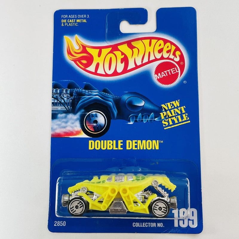 1993 Hot Wheels Double Demon 199 amarillo UH base ZAMAC con Logo Hot Wheels Mirando a la Base