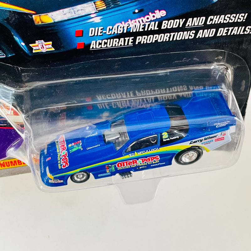 1997 Johnny Lightning Dragsters USA NHRA Limited Edition 1/15,000 Ed McCulloch Otter Pops 91 Oldsmobile Funny Car azul con blanco