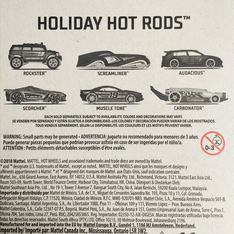 2019 Hot Wheels Holiday Hot Rods Colección Set de 6 - Rockster, Screamliner, Audacious, Scorcher, Muscle Tone, Carbonator