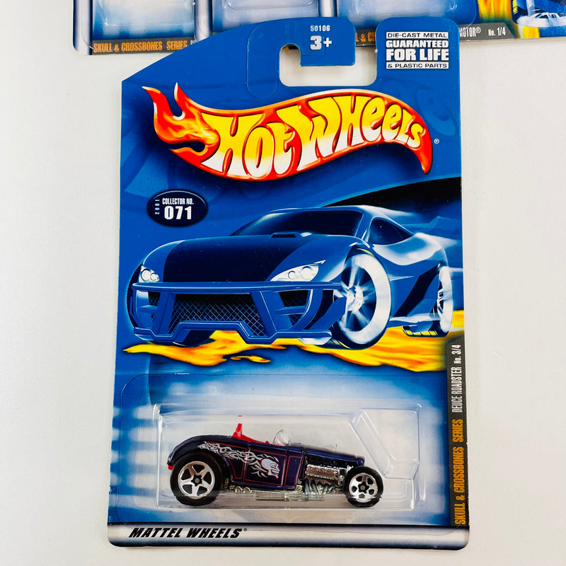 2001 Hot Wheels Skull & Crossbones Colección Set de 4 - Rigor Motor, Blast Lane, Deuce Roadster, Screamin' Hauler