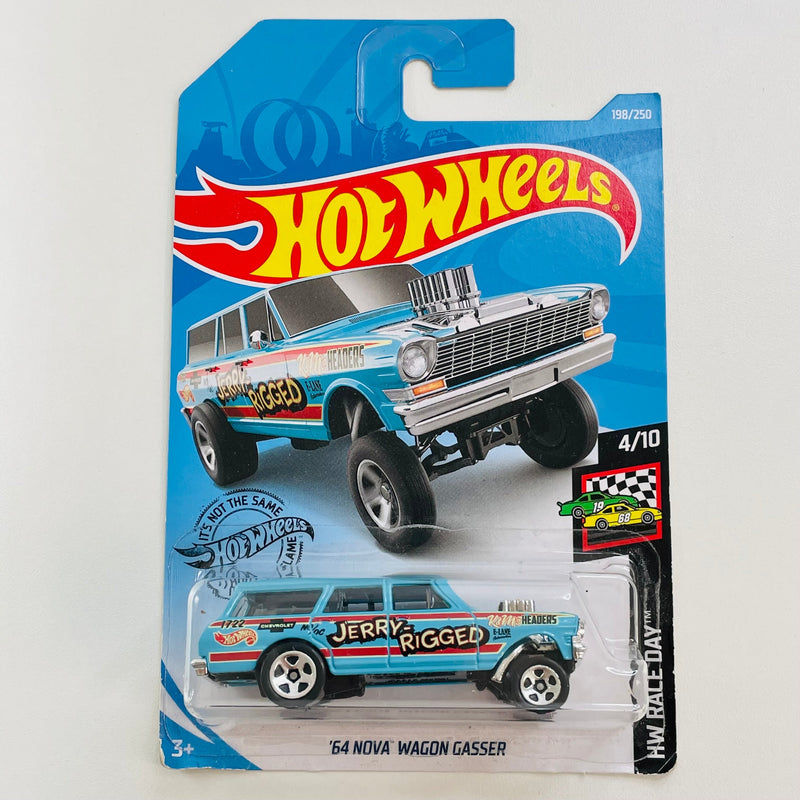 2019 Hot Wheels HW Race Day 64 Chevy Nova Wagon Gasser celeste 5SP Primera Edición Tarjeta Internacional