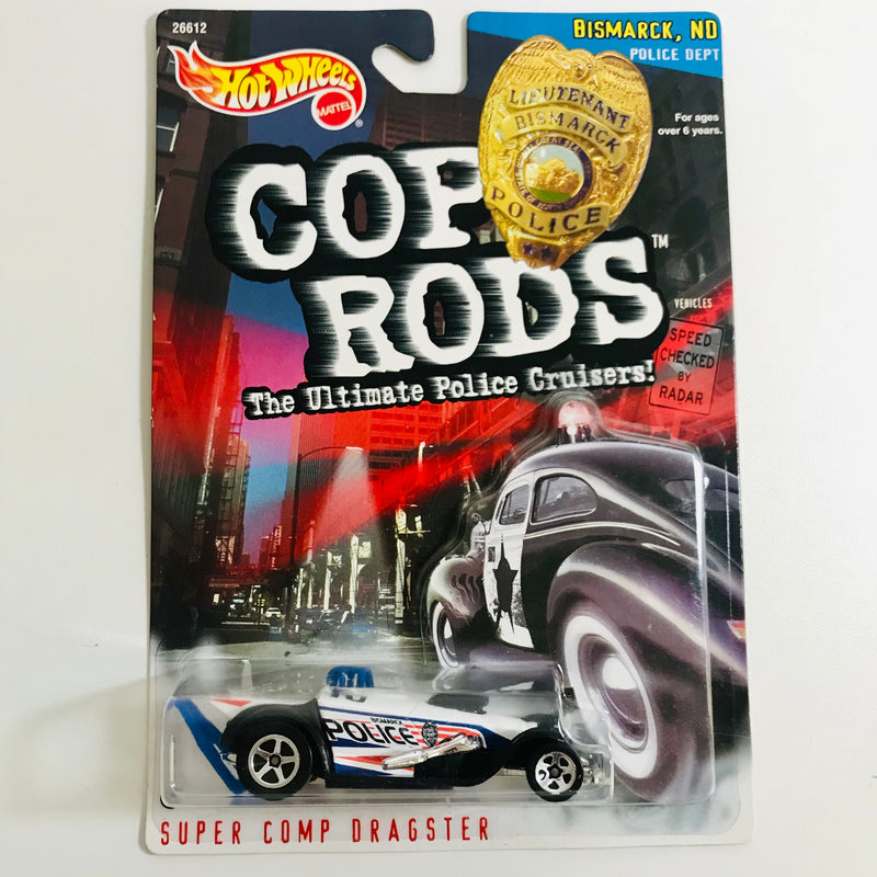 2000 Hot Wheels Cop Rods Bismarck Police Super Comp Dragster Exclusivo KB Toys blanco 5SP