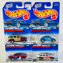 1999 Hot Wheels Surf n Fun Series Colección Set de 4 - 40s Woodie Ford, VW Bug, 55 Chevy, Chevy Nomad