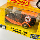 1989 Matchbox Major League Baseball Team Collectible Limited Edition Baltimore Orioles Model A Ford Van negro con naranja