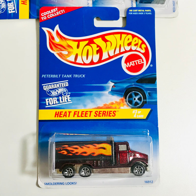1997 Hot Wheels Heat Fleet Series Colección Set de 4 - Police Cruiser, School Bus, Peterbilt Tank Truck, Ramblin' Wrecker