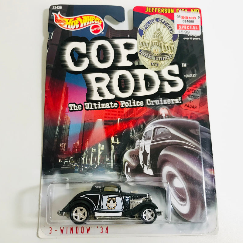 1999 Hot Wheels Cop Rods Jefferson City Police 34 Ford 3-Window Exclusivo KB Toys negro PC5 base ZAMAC