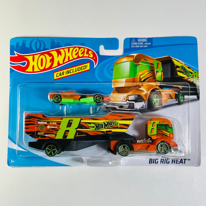 2019 Hot Wheels Super Rigs Big Rig Heat con F1 Racer naranja OH5