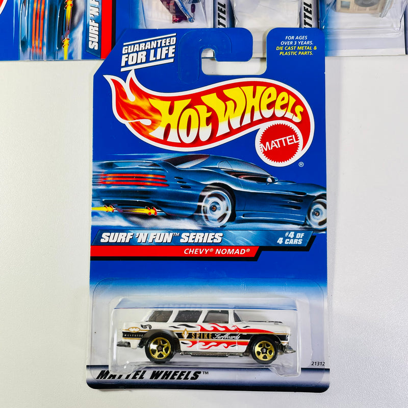 1999 Hot Wheels Surf n Fun Series Colección Set de 4 - 40s Woodie Ford, VW Bug, 55 Chevy, Chevy Nomad